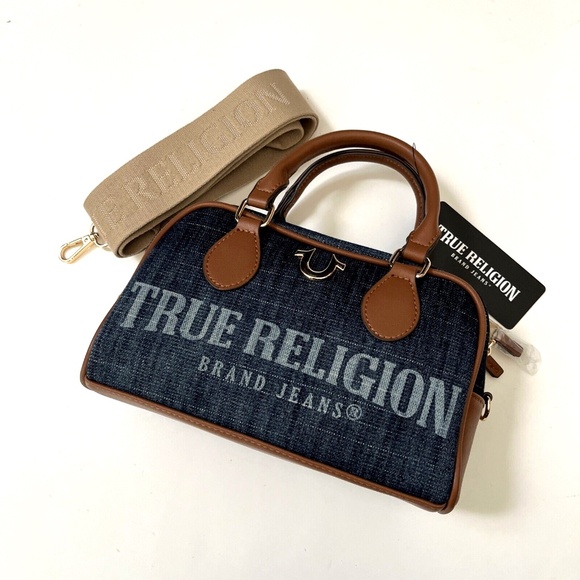 NWT Original TRUE RELIGION Denim Logo Mini Satchel Crossbody Bag Blue Brown - Picture 4 of 12